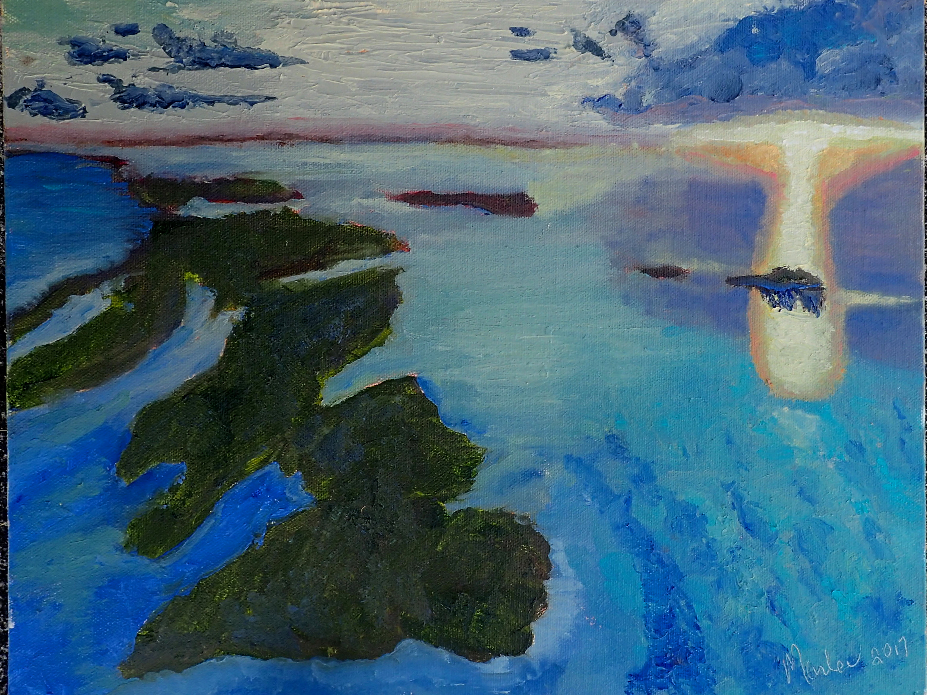 12x16 Original Oil on Canvas         An aerial view of Elbow Cay, Abaco at sunset without the impression of human development.  The sunset cast a heavenly view of this beautiful island.  Photo by Chri